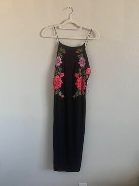 Black Midi Slip Dress with Pink Floral Embroidery